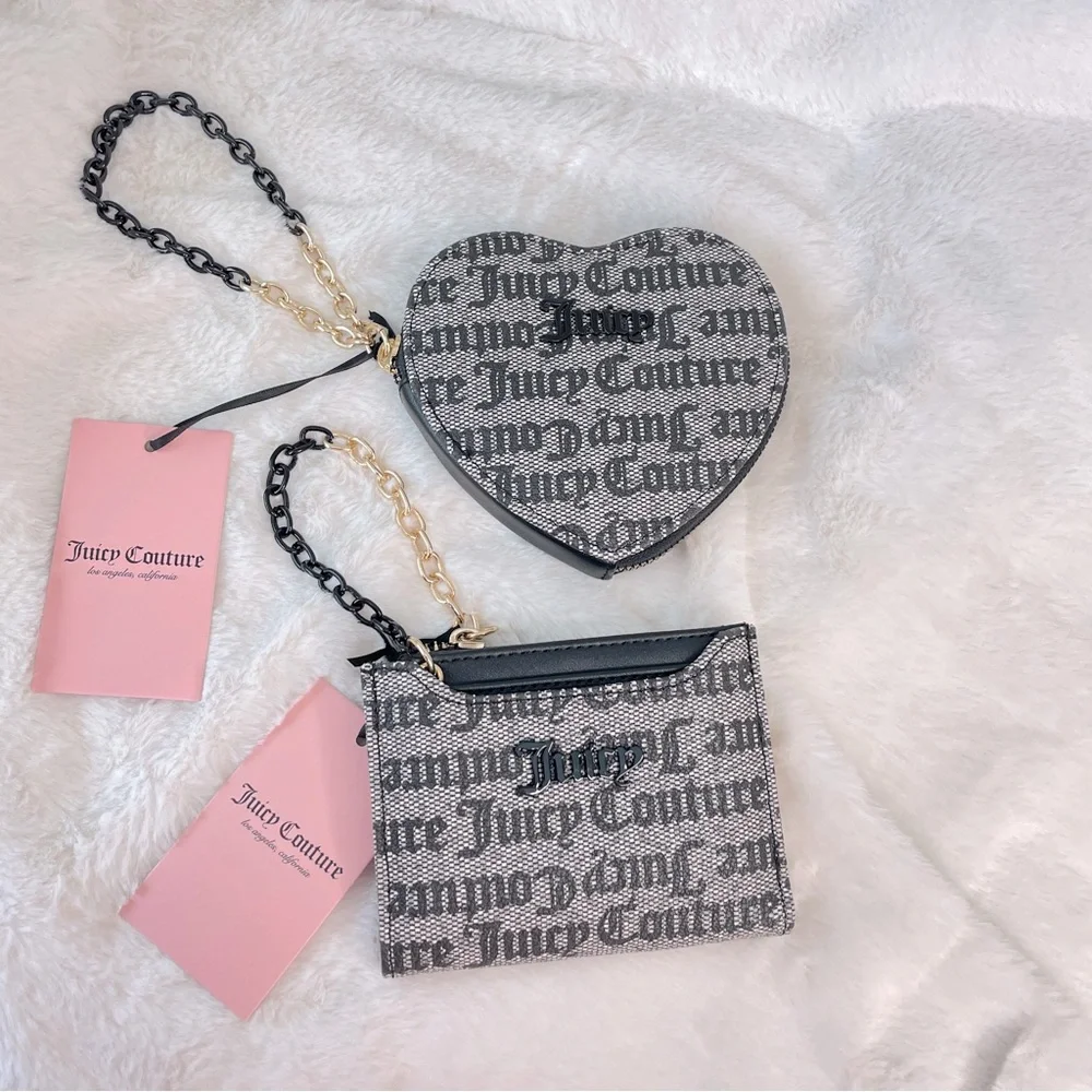 NEW Juicy‎ Couture Gothic Logo Wallet and Heart Coin Purse Set Black